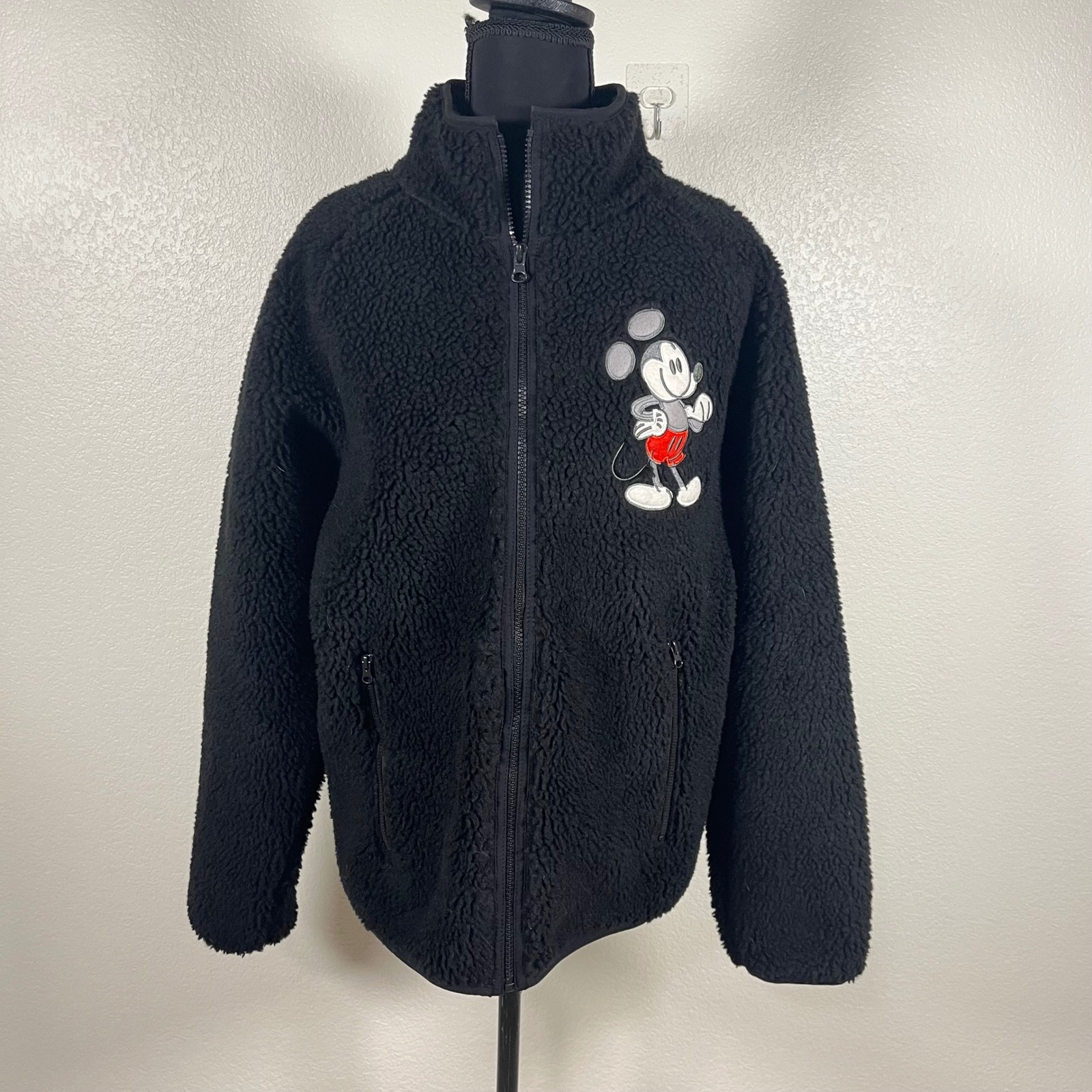 Disney Mickey Mouse Black Sherpa Fleece Jacket Zipper Pockets Embroidered Sz Xs